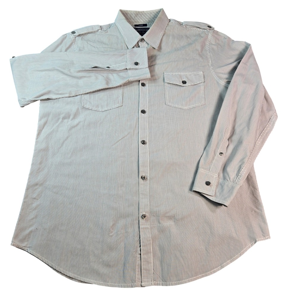 American Rag Men Size Large Grey Pinstripe Long Sleeve Button Down Utility Shirt